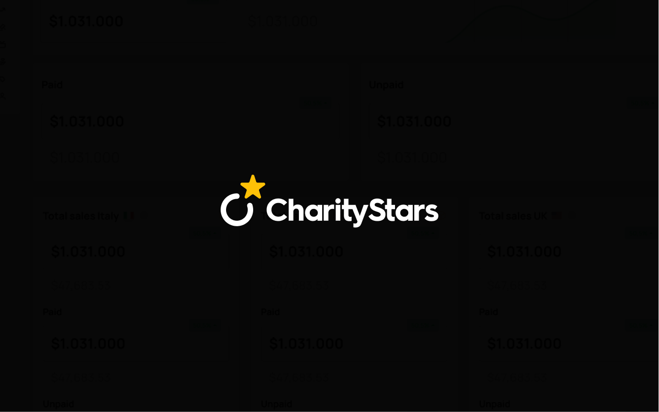 CharityStars logo on a dark dashboard collage of sales metrics