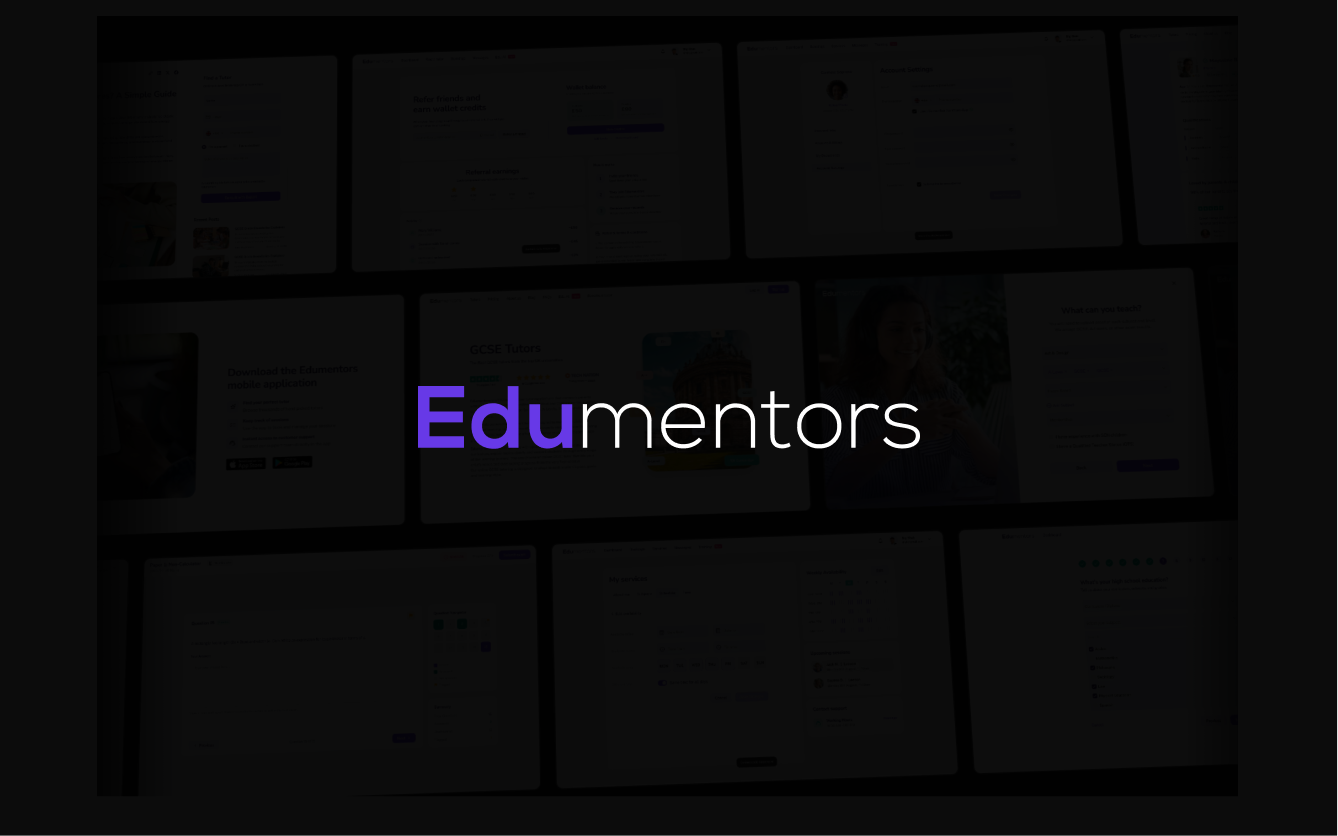 Edumentors logo over a dark collage of product screens